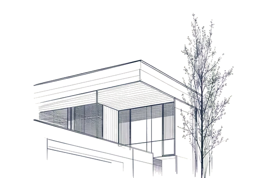 Line drawing of a modern house and tree